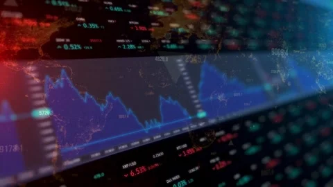 Declining Red Bar Charts and Economic Typography Over World Map Stock Footage 336900522