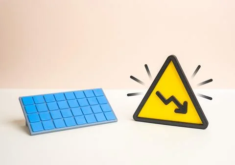 Declining solar panel power generation. Decreasing efficiency. Reducing solar 스톡 사진