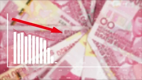 Declining value arrow with Indonesian Rupiah money Stock Footage 220243713