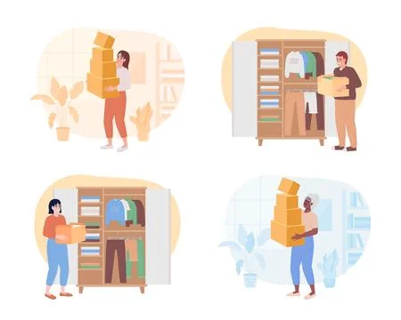 Decluttering clothes in wardrobe 2D vector isolated spot illustration set 스톡 일러스트