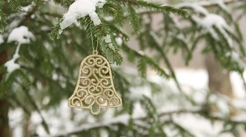 Decoartive bell hanging in christmas tree (panning) Stock Footage 44225091