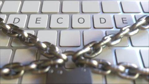 DECODE text on the keys of a keyboard with padlock and chains. Restriction Stock Illustration