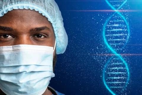 Decoding human DNA. Collage with black doctor in medical mask and Stock Photos