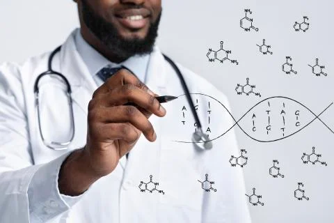 Decoding human genome. Black male doctor drawing DNA molecule on virtual screen Stock Photos