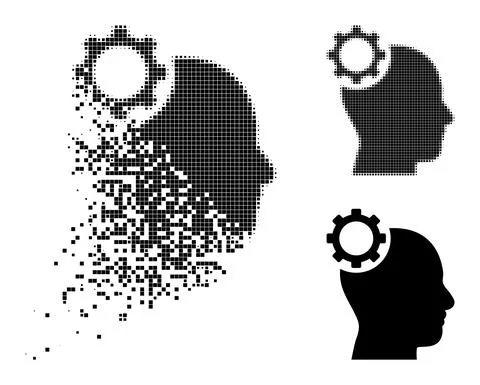 Decomposed and Halftone Dot Intellect Gear Icon Stock Illustration