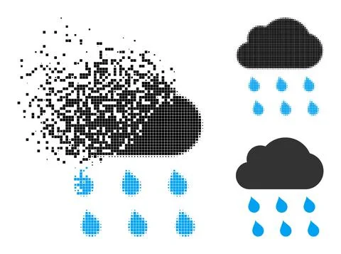 Decomposed and Halftone Pixelated Rain Cloud Icon Stock Illustration