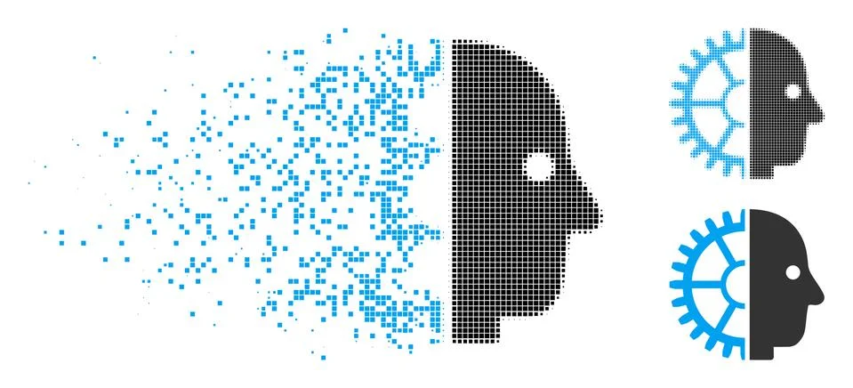 Decomposed Dot Halftone Cyborg Head Icon Stock Illustration