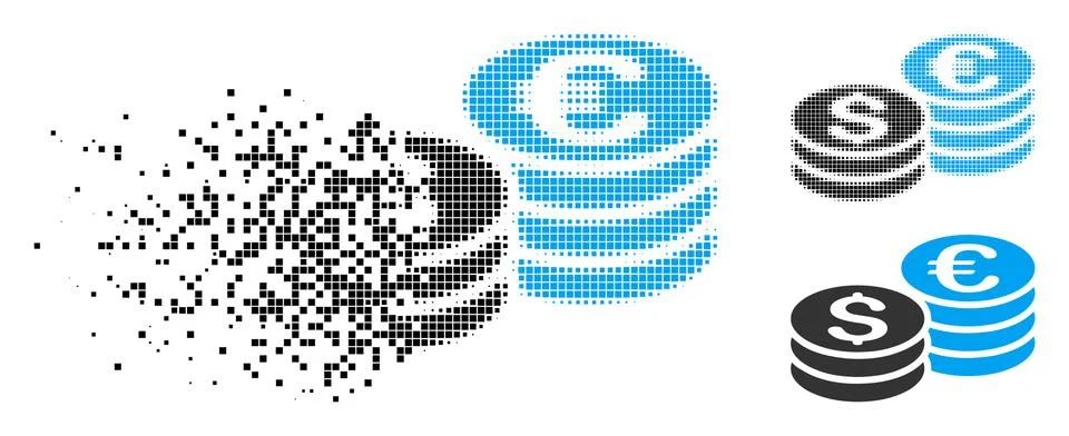 Decomposed Dot Halftone Dollar And Euro Coin Stacks Icon イラスト素材