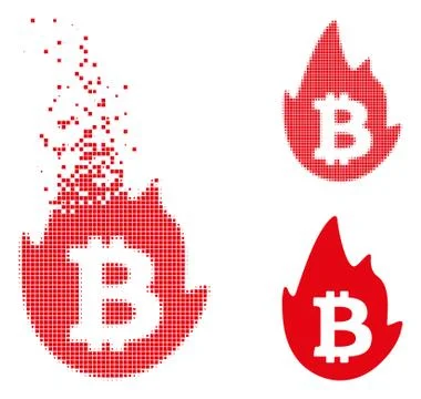 Decomposed Dot Halftone Hot Bitcoin Icon Stock Illustration