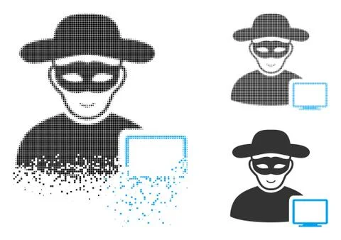 Decomposed Pixel Halftone Computer Hacker Icon with Face Stock Illustration