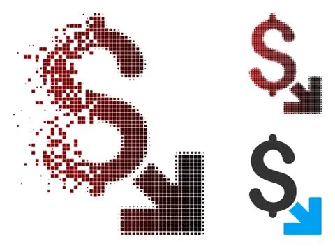 Decomposed Pixel Halftone Dollar Decrease Icon Stock Illustration