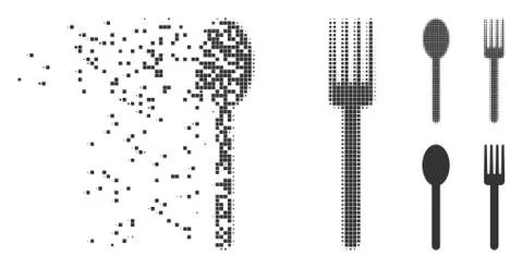 Decomposed Pixel Halftone Fork And Spoon Icon Stock Illustration