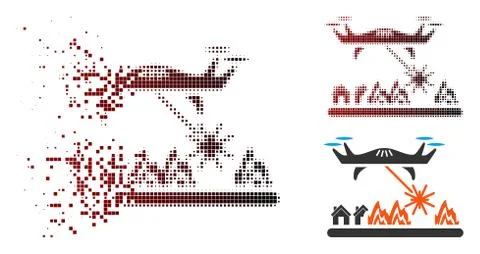 Decomposed Pixel Halftone Laser Drone Attacks Village Icon Stock Illustration