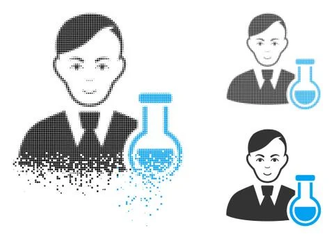 Decomposed Pixelated Halftone Chemist Icon with Face Illustrazione stock