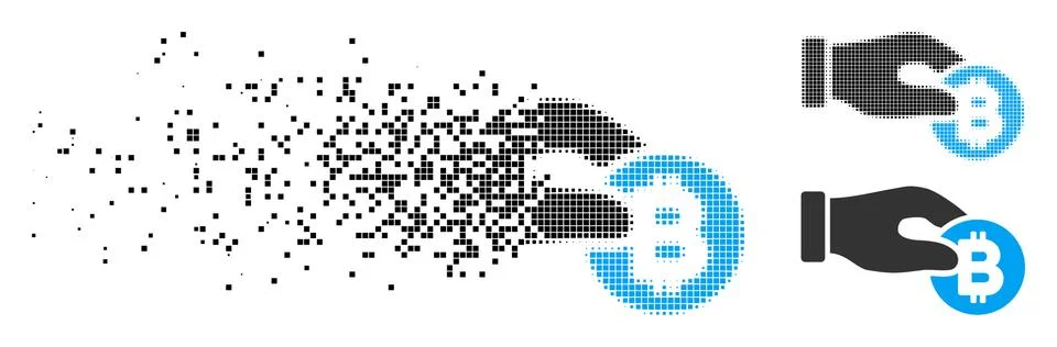 Decomposed Pixelated Halftone Hand Take Bitcoin Icon Stock Illustration