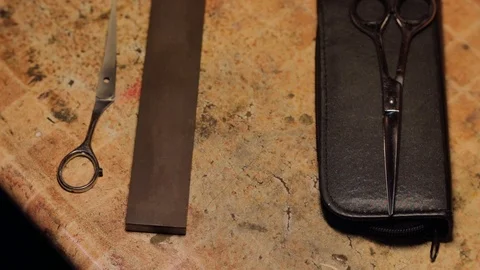 Decomposing and free hand sharpening of hairdresser scissors Vidéo 106369122