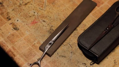 Decomposing and free hand sharpening of hairdresser scissors Vidéo 106369123