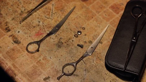Decomposing and free hand sharpening of hairdresser scissors Vidéo 106369162