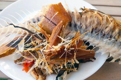 Deconstructed fish bone artfully arranged with crispy skin and various vegeta Stock Photos