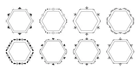 Decor black hexagon frame border text vector set Stock Illustration
