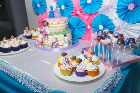 Decor buffet table for birthday 3 years old Stock Photos