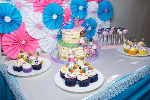 Decor buffet table for birthday 3 years old Stock Photos