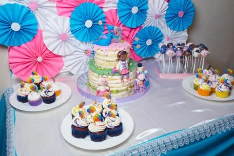 Decor buffet table for birthday 3 years old Stock Photos
