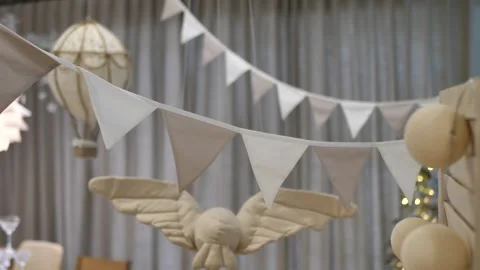 Decor in the children's room with flags, balloons. Stock Footage 260986570