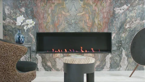 Decor design of a Living room with a marble stone fireplace in the wall Stock Footage 336232802