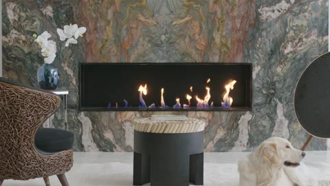Decor design of a Living room with a marble stone fireplace in the wall and a Stock Footage 336233242