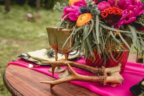 Decor. Details. Composition. Wedding decorations. On the wooden table in the Stock Photos