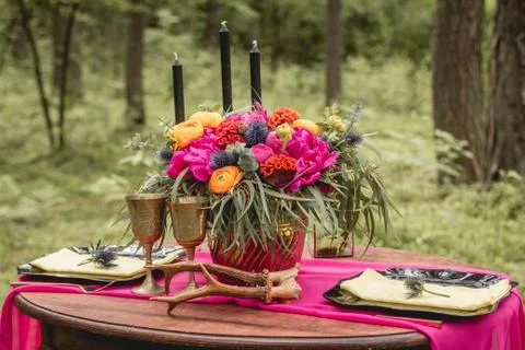 Decor. Details. Composition. Wedding decorations. On the wooden table in the Stock Photos