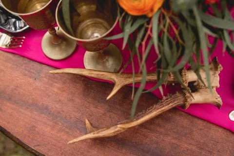 Decor. Details. Composition. Wedding decorations. On the wooden table in the Stock Photos