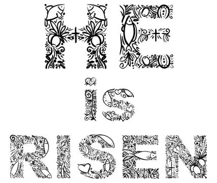 Decor doodle art text He is risen with plans, flowers, fishes, crosses, olive Stock Illustration