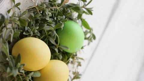 Decor of Easter eggs in the form of a nest. colorful eggs for easter holiday Stock-Footage 147900868