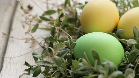 Decor of Easter eggs in the form of a nest. colorful eggs for easter holiday Stock-Footage 147916198