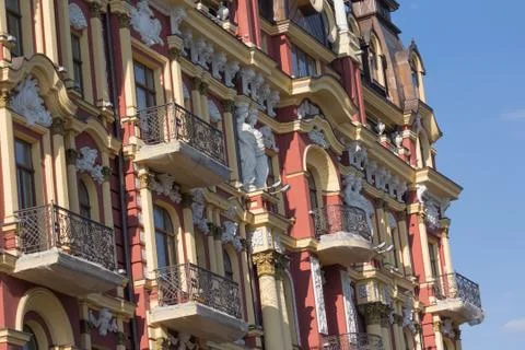 Decor elements of the facade of a vintage building. Kiev Stock Photos