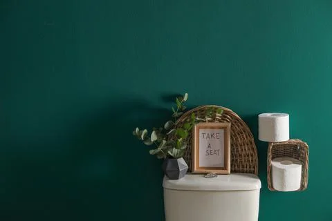 Decor elements, paper rolls and toilet bowl near green wall, space for text.  Stock Photos