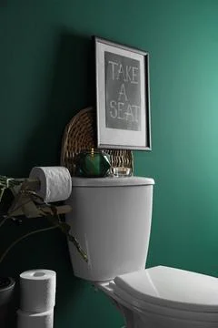 Decor elements, paper rolls and toilet bowl near green wall. Bathroom interio Stock Photos