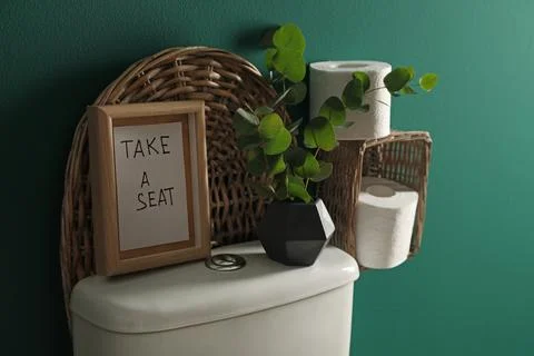 Decor elements, paper rolls and toilet bowl near green wall. Bathroom interio Stock Photos