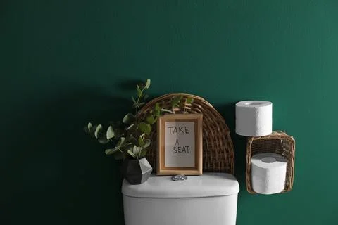 Decor elements, paper rolls and toilet bowl near green wall. Bathroom interio Stock Photos