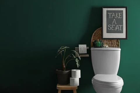 Decor elements, paper rolls and toilet bowl near green wall, space for text.  Stock Photos
