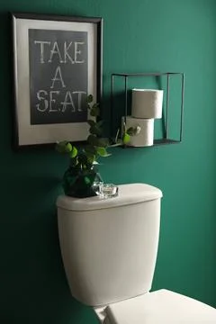 Decor elements, paper rolls and toilet bowl near green wall. Bathroom interio Stock Photos