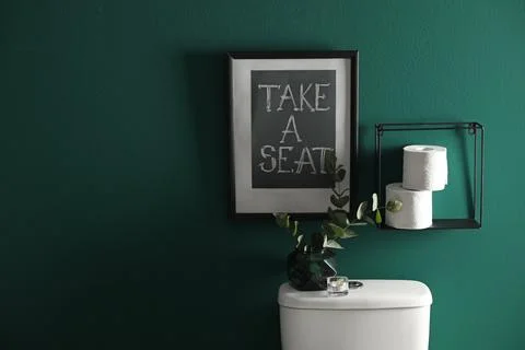 Decor elements, paper rolls and toilet bowl near green wall, space for text.  Stock Photos