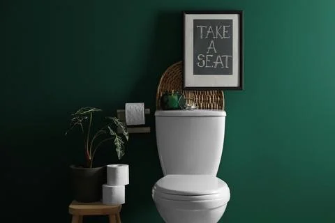 Decor elements, paper rolls and toilet bowl near green wall. Bathroom interio Stock Photos