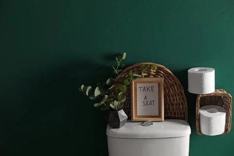 Decor elements, paper rolls and toilet bowl near green wall, space for text.  Stock Photos