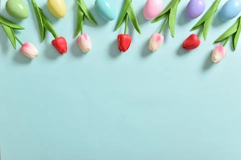 Decor for the feast of Holy Easter. Space for copying. Flat position, top vie Stock Photos