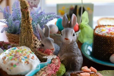 The decor of the festive table for Easter.The atmosphere of home comfort. Stock Photos