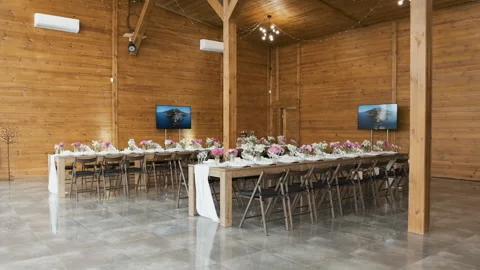 Decor of flowers on the table in pink and white tones. Decorations on the table Stock Footage 196877657