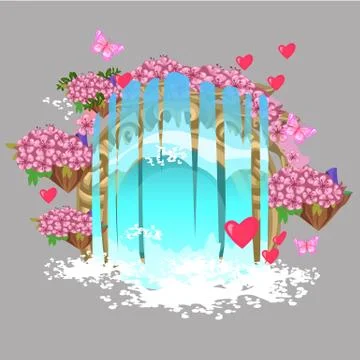 The decor in the form of a fantasy waterfall with elements of flowers, hearts Illustrazione stock